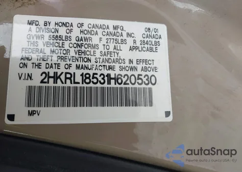 2001 Honda Odyssey Lx z USA, uszkodzony, nr VIN 2HKRL18531H620530